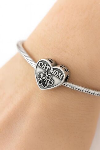 Cat Mom Kitty Kitten Paw Crystal Heart Charm Bead Pendant, 925 Sterling Silver, Compatible with Pandora & Similar Charm Bead Bracelets, Necklaces & DIY Jewelry in Saudi Arabia