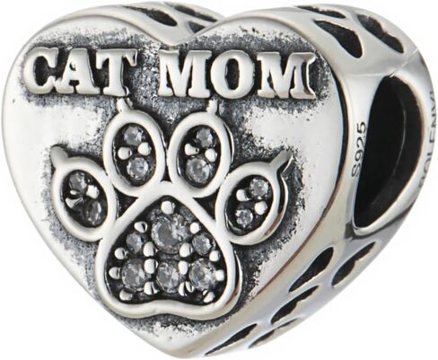 Cat Mom Kitty Kitten Paw Crystal Heart Charm Bead Pendant, 925 Sterling Silver, Compatible with Pandora & Similar Charm Bead Bracelets, Necklaces & DIY Jewelry in Saudi Arabia