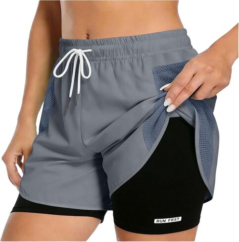 شورت نسائي 2 في 1 للجري في صالة الألعاب الرياضية برباط وبطانة ضغط مرنة للتمرينات الرياضية قابلة للتنفس in Kuwait