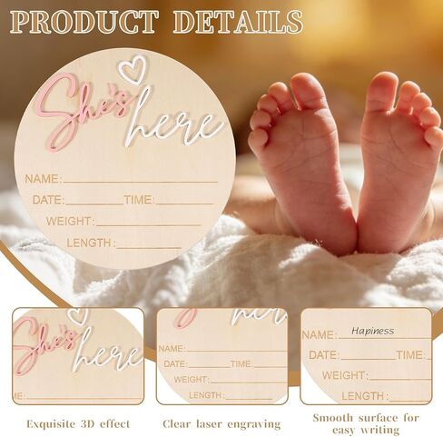 Birth Announcement Sign Wooden She’S Here Baby Sign 5.83Inch Round Welcome Baby Signs for Newborn Girls Photo Props Babys Shower Hospital Nursery in Kuwait