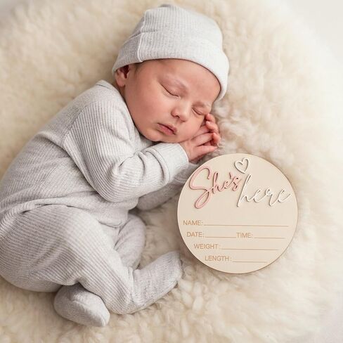 Birth Announcement Sign Wooden She’S Here Baby Sign 5.83Inch Round Welcome Baby Signs for Newborn Girls Photo Props Babys Shower Hospital Nursery in Kuwait