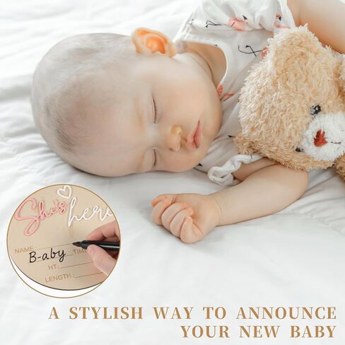 Birth Announcement Sign Wooden She’S Here Baby Sign 5.83Inch Round Welcome Baby Signs for Newborn Girls Photo Props Babys Shower Hospital Nursery in Kuwait