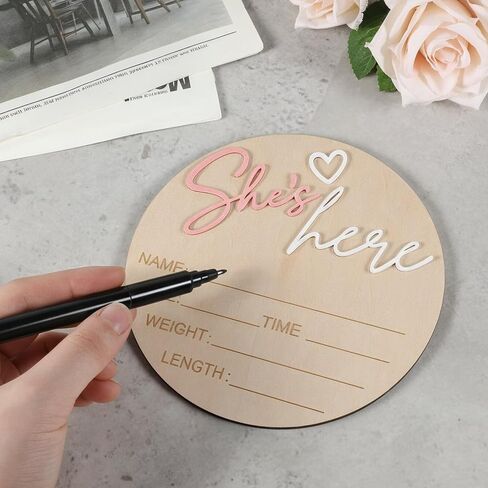Birth Announcement Sign Wooden She’S Here Baby Sign 5.83Inch Round Welcome Baby Signs for Newborn Girls Photo Props Babys Shower Hospital Nursery in Kuwait