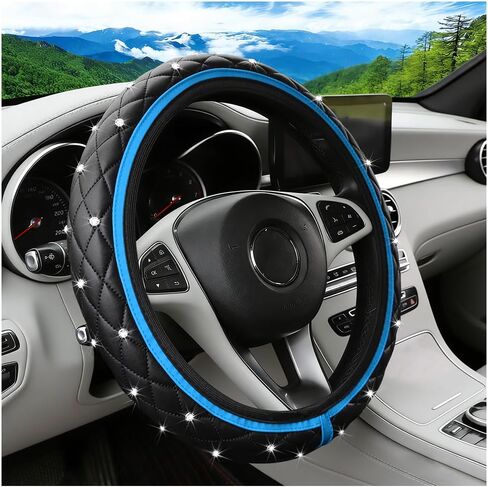 Bling Car Steering Wheel Cover, Rhinestones Elastic Leather Automotive Steering Wheel Protector, 15 Inch Sparkly Crystal Vehicle Interior Decor Accessories, Universal Fit (Black) in Saudi Arabia