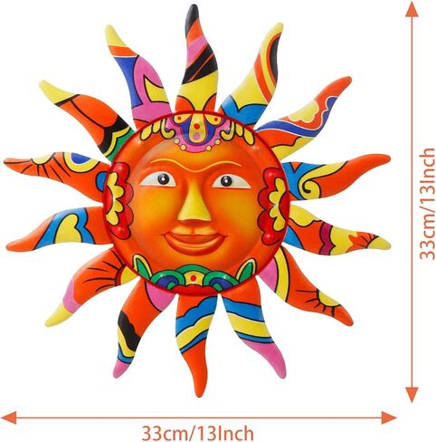 VEWOGARDEN ديكور فني جداري معدني للشمس معلق للأماكن الداخلية والخارجية والحديقة المنزلية مقاس 13 بوصة منحوتات وتماثيل ملونة لوجه الشمس باللون البرتقالي in Kuwait