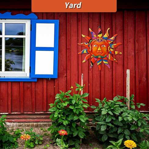 VEWOGARDEN ديكور فني جداري معدني للشمس معلق للأماكن الداخلية والخارجية والحديقة المنزلية مقاس 13 بوصة منحوتات وتماثيل ملونة لوجه الشمس باللون البرتقالي in Kuwait