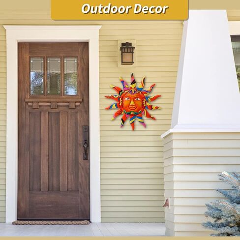 VEWOGARDEN ديكور فني جداري معدني للشمس معلق للأماكن الداخلية والخارجية والحديقة المنزلية مقاس 13 بوصة منحوتات وتماثيل ملونة لوجه الشمس باللون البرتقالي in Kuwait