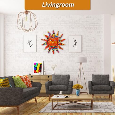 VEWOGARDEN ديكور فني جداري معدني للشمس معلق للأماكن الداخلية والخارجية والحديقة المنزلية مقاس 13 بوصة منحوتات وتماثيل ملونة لوجه الشمس باللون البرتقالي in Kuwait