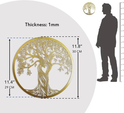 ديكور حائط معدني، منحوتة جدارية فنية على شكل شجرة، لوحة فنية جدارية معدنية معلقة لغرفة المعيشة وغرفة النوم في الداخل والخارج، شجرة حياة سوداء ريفية مقطوعة بالليزر، 12 بوصة (30 سم) (ذهبي، صغير) in Kuwait