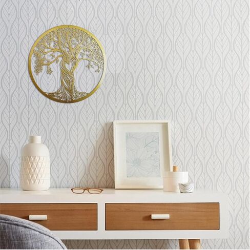 ديكور حائط معدني، منحوتة جدارية فنية على شكل شجرة، لوحة فنية جدارية معدنية معلقة لغرفة المعيشة وغرفة النوم في الداخل والخارج، شجرة حياة سوداء ريفية مقطوعة بالليزر، 12 بوصة (30 سم) (ذهبي، صغير) in Kuwait