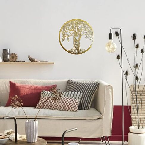 ديكور حائط معدني، منحوتة جدارية فنية على شكل شجرة، لوحة فنية جدارية معدنية معلقة لغرفة المعيشة وغرفة النوم في الداخل والخارج، شجرة حياة سوداء ريفية مقطوعة بالليزر، 12 بوصة (30 سم) (ذهبي، صغير) in Kuwait