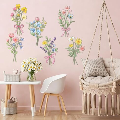 6 Pcs Metal Wildflower Wall Decor Pastel Bow Flower Metal Wall Art Rustic Farmhouse Decor for Bedroom Bathroom Dining Home Living Room Birthday Housewarming Gift in Saudi Arabia