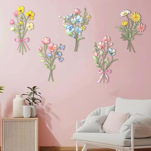 6 Pcs Metal Wildflower Wall Decor Pastel Bow Flower Metal Wall Art Rustic Farmhouse Decor for Bedroom Bathroom Dining Home Living Room Birthday Housewarming Gift in Saudi Arabia
