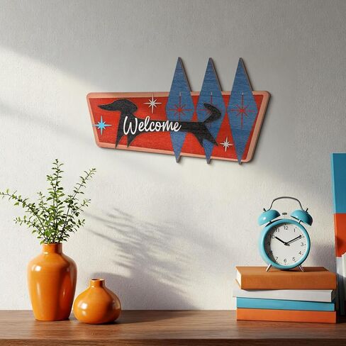Kathfly Mid Century Modern Art Atomic Starburst Dachshund Wall Art Dog Wooden Wall Decor Welcome Dachshund Sign Decor Handcrafted Dog Design for Kitchen Bedroom Living Room Bathroom in Saudi Arabia
