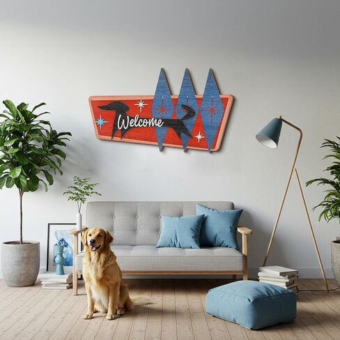 Kathfly Mid Century Modern Art Atomic Starburst Dachshund Wall Art Dog Wooden Wall Decor Welcome Dachshund Sign Decor Handcrafted Dog Design for Kitchen Bedroom Living Room Bathroom in Saudi Arabia