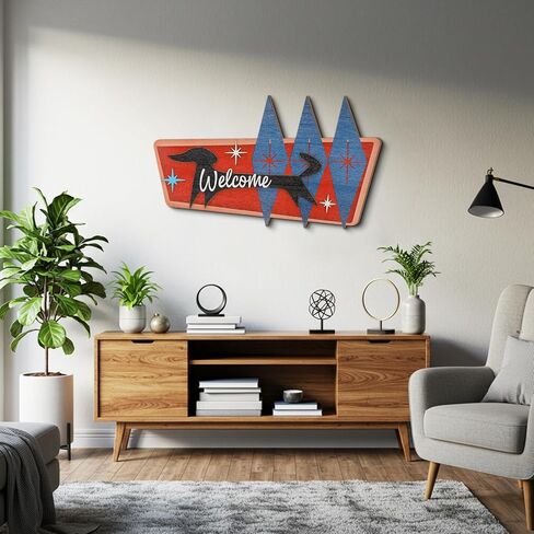 Kathfly Mid Century Modern Art Atomic Starburst Dachshund Wall Art Dog Wooden Wall Decor Welcome Dachshund Sign Decor Handcrafted Dog Design for Kitchen Bedroom Living Room Bathroom in Saudi Arabia