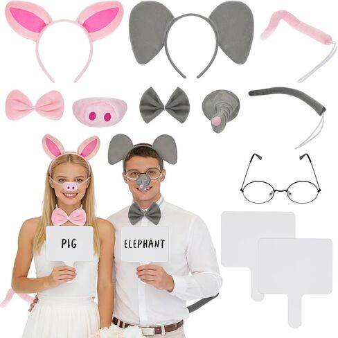 11 Pcs Elephant and Pig Costume include Elephant and Pig Headband Tail Nose Glasses and 2 Brands Book Story Character Costume Couple Cosplay Party in Kuwait