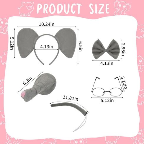 11 Pcs Elephant and Pig Costume include Elephant and Pig Headband Tail Nose Glasses and 2 Brands Book Story Character Costume Couple Cosplay Party in Kuwait
