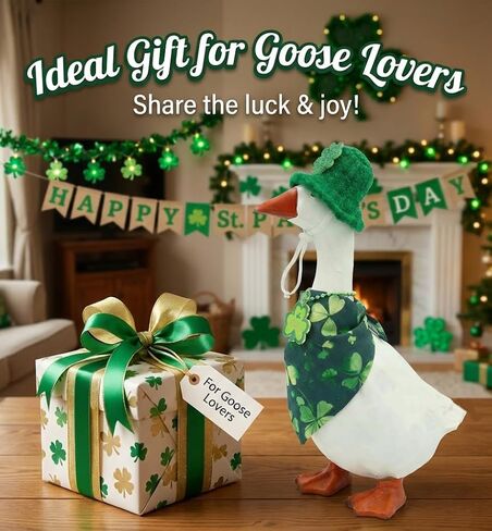 مجموعة أزياء أوزة سطح المكتب لعيد القديس باتريك مع قبعة خضراء متماسكة ووشاح شامروك وقلادة - عطلة محظوظة لديكور تمثال أوزة سلسلة مفاتيح مغناطيسية مقاس 7 بوصات in Kuwait