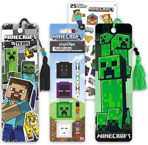 Minecraft Bookmark Set - Bundle with 8 Bookmarks and Page Clips Featuring Creepers, Zombies, More Plus Stickers | Minecraft School Supplies for Boys Girls Kids in Saudi Arabia