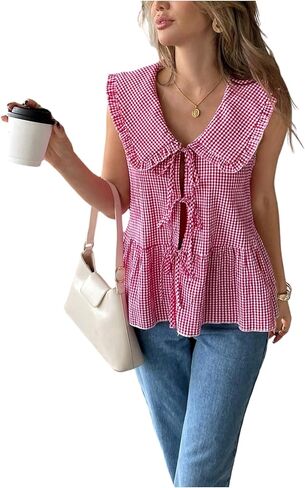 Floerns Women's Gingham Tie Front Peplum Tops Sleeveless Collared Ruffle Summer Blouses in Saudi Arabia