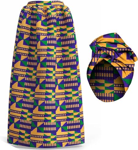 Women's Long High Waist Maxi Cotton African Skirt Ankara Print Matching Headwrap (no Necklace) in Kuwait
