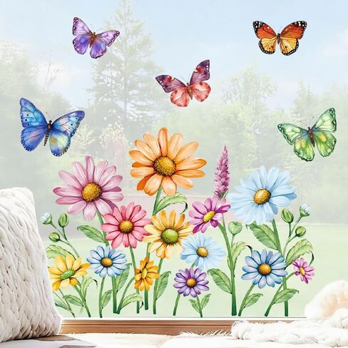 Daisy Flower with Butterfly Window Clings, Window Stickers, 4 Large Reusable PVC Sheets as Glass Decals for Spring Home Decor in Saudi Arabia