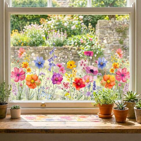 1 Sheet Wildflower Meadow Window Clings Floral Glass Decals with Lily Peony Poppy Designs for Home Office Bedroom Living Room Furniture in Saudi Arabia