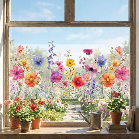 1 Sheet Wildflower Meadow Window Clings Floral Glass Decals with Lily Peony Poppy Designs for Home Office Bedroom Living Room Furniture in Saudi Arabia