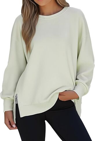 Womens Long Sleeve Zipper Slit Oversized Sweatshirt Pullover Crewneck Fall Season Tunic Tops To Wear With Leggings in Saudi Arabia