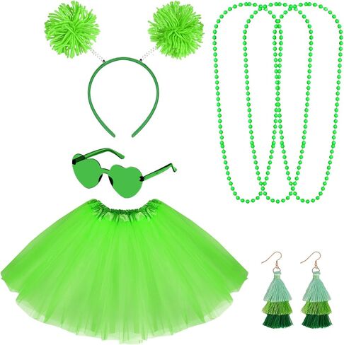 Fengek 80s Women's Costume Accessory Set - Tutu Skirt Headband Necklace Earrings Glasses for Mardi Gras St Patricks Halloween in Saudi Arabia