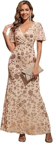 فستان سهرة طويل بأكمام مرفرفة من Stylefun للنساء مزين بالترتر ورقبة على شكل V فستان رسمي لحفلات الزفاف STN034 in Kuwait