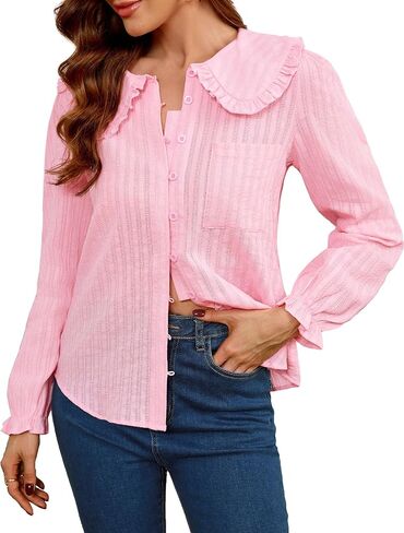 Women Spring Long Sleeve Shirts Peter Pan Collar Button Down Puff Sleeve Blouse Lightweight Casual Cotton Tops in Kuwait