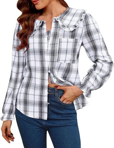 Women Spring Long Sleeve Shirts Peter Pan Collar Button Down Puff Sleeve Blouse Lightweight Casual Cotton Tops in Saudi Arabia