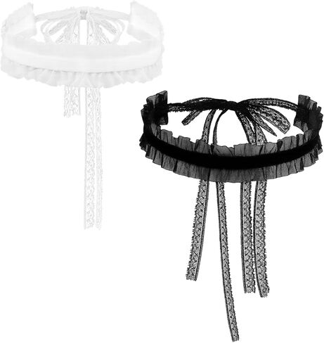 مجموعة قلادات من الدانتيل للنساء - قطعتان من القلادات ذات الشريط الأسود والأبيض، قلادة ملفوفة طويلة قابلة للتعديل بطول 47 بوصة، إكسسوارات على الطراز القوطي لوليتا وفيكتوري، مجوهرات متعددة الاستخدامات برقبة على شكل فيونكة in Kuwait