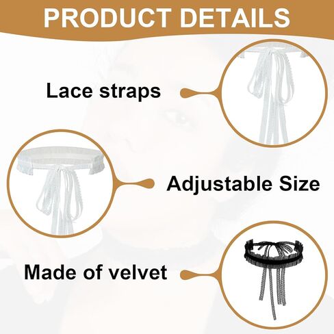 مجموعة قلادات من الدانتيل للنساء - قطعتان من القلادات ذات الشريط الأسود والأبيض، قلادة ملفوفة طويلة قابلة للتعديل بطول 47 بوصة، إكسسوارات على الطراز القوطي لوليتا وفيكتوري، مجوهرات متعددة الاستخدامات برقبة على شكل فيونكة in Kuwait