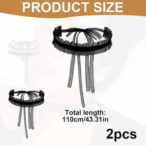 مجموعة قلادات من الدانتيل للنساء - قطعتان من القلادات ذات الشريط الأسود والأبيض، قلادة ملفوفة طويلة قابلة للتعديل بطول 47 بوصة، إكسسوارات على الطراز القوطي لوليتا وفيكتوري، مجوهرات متعددة الاستخدامات برقبة على شكل فيونكة in Kuwait