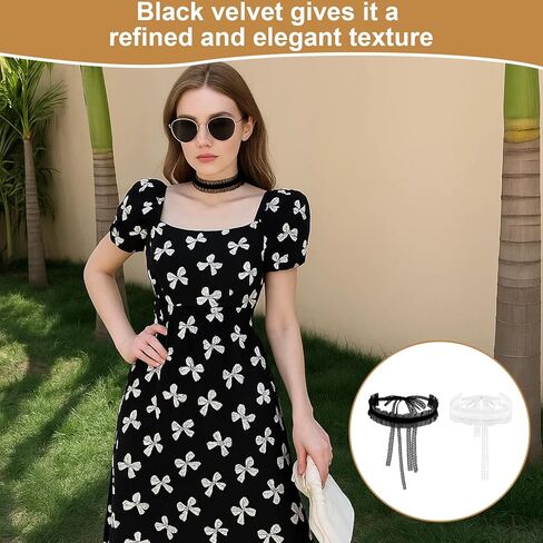 مجموعة قلادات من الدانتيل للنساء - قطعتان من القلادات ذات الشريط الأسود والأبيض، قلادة ملفوفة طويلة قابلة للتعديل بطول 47 بوصة، إكسسوارات على الطراز القوطي لوليتا وفيكتوري، مجوهرات متعددة الاستخدامات برقبة على شكل فيونكة in Kuwait