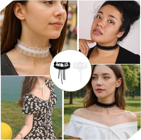 مجموعة قلادات من الدانتيل للنساء - قطعتان من القلادات ذات الشريط الأسود والأبيض، قلادة ملفوفة طويلة قابلة للتعديل بطول 47 بوصة، إكسسوارات على الطراز القوطي لوليتا وفيكتوري، مجوهرات متعددة الاستخدامات برقبة على شكل فيونكة in Kuwait