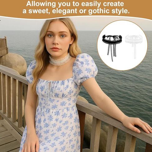 مجموعة قلادات من الدانتيل للنساء - قطعتان من القلادات ذات الشريط الأسود والأبيض، قلادة ملفوفة طويلة قابلة للتعديل بطول 47 بوصة، إكسسوارات على الطراز القوطي لوليتا وفيكتوري، مجوهرات متعددة الاستخدامات برقبة على شكل فيونكة in Kuwait