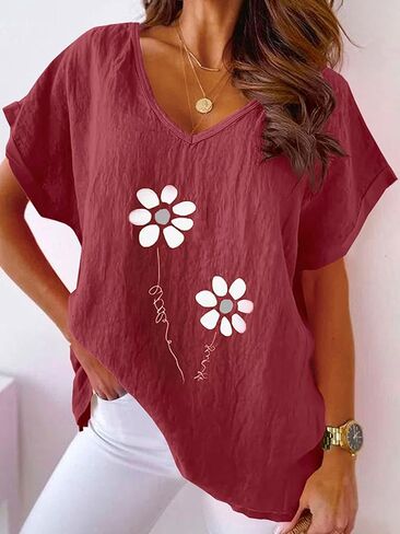 Women's Bright Pink V-Neck Short Sleeve Blouse Daisy Print Loose Fit Lightweight Casual Summer Top in Saudi Arabia