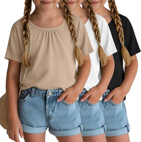 3 Pack Girls Short Sleeve Shirts Loose Fit Crewneck Basic Plain Tops Kids Soft Summer Tee Shirts 5-14 Years in Saudi Arabia