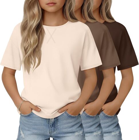3 Pack Girls' Short Sleeve Shirts Kids Summer Crew Neck Tops Casual Plain T-Shirts Loose Basic Tee 5-14 Years in Saudi Arabia