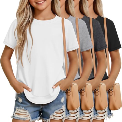 4 حزمة الفتيات قصيرة الأكمام تي شيرت طفل متماسكة Crewneck فضفاضة تناسب منحنى هيم القمم عادية الصيف التباين خياطة المحملة in Saudi Arabia