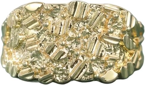 14K Gold Plated Nugget Ring Square Rough Texture with Rhodium Inlay Vintage Style Unisex Ring for Men Women Unisex in Saudi Arabia