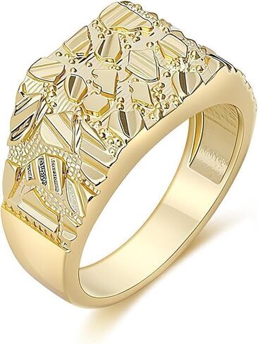 14K Gold Plated Nugget Ring Square Rough Texture with Rhodium Inlay Vintage Style Unisex Ring for Men Women Unisex in Saudi Arabia