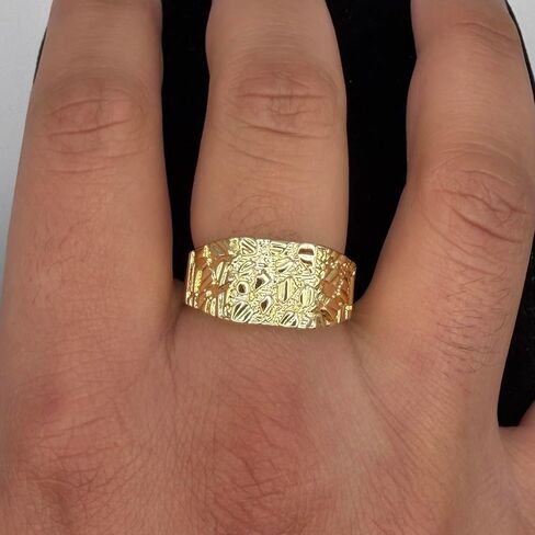 14K Gold Plated Nugget Ring Square Rough Texture with Rhodium Inlay Vintage Style Unisex Ring for Men Women Unisex in Saudi Arabia