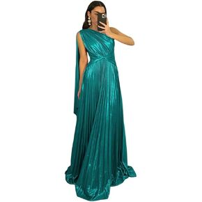 Elegant Vintage Prom Dresses Pleated A Line One Shoulder Satin Long Formal Party Dress for Women RON040 in Kuwait