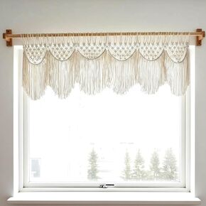Bohemian Macrame Window Valance, Boho Wavy Curtain for Window Decoration, Handmade Cotton Fringe Curtain Topper, Widow/Door Curtain with Tassels Beige Color 46″x20″ (no Wooden Stick) in Saudi Arabia
