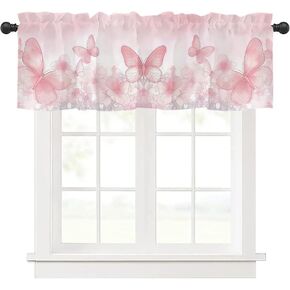 ستائر ستائر المطبخ، ستائر جيب قضيب للنوافذ، ستائر معالجة النوافذ الصغيرة للنوافذ، غرفة المعيشة، غرفة النوم، الحمام، لوحة واحدة، 54 بوصة عرض × 18 بوصة طول، فراشة وردية in Kuwait